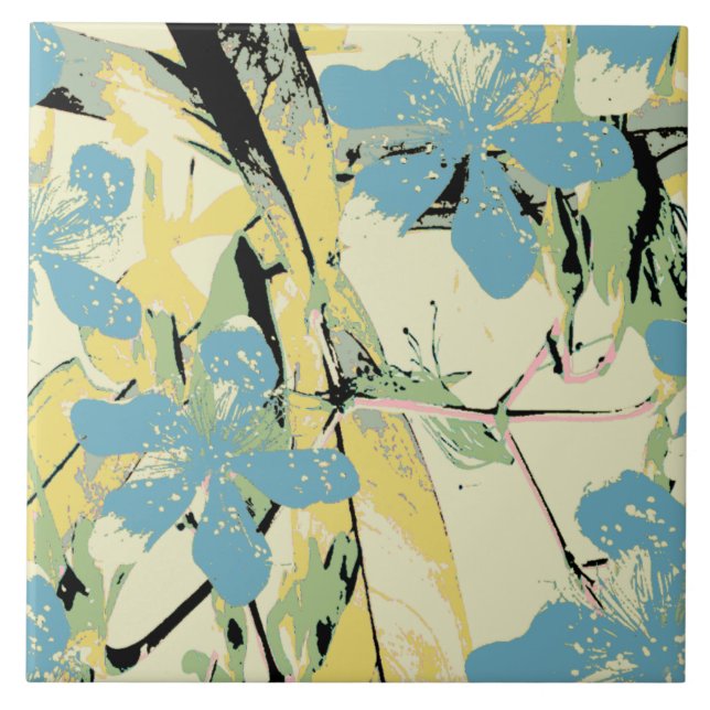 Blume Retro blau und gelb Fliese (Vorderseite)