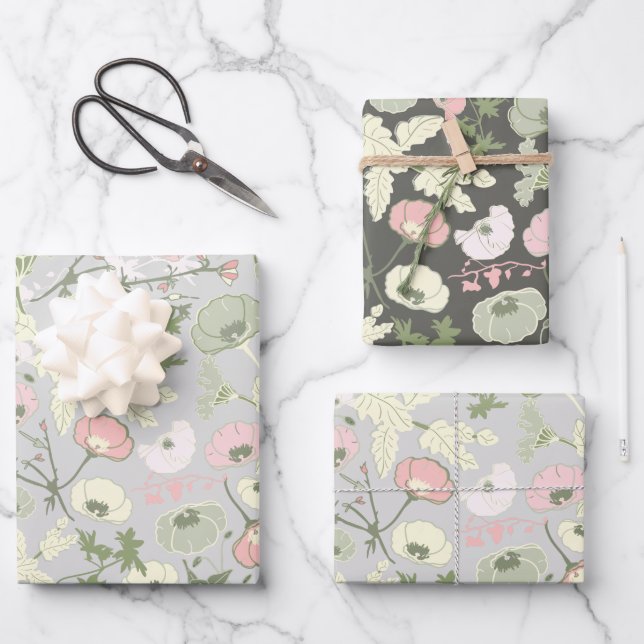 Blume Rosa Grünes botanisches Muster Geschenkpapier Set (Vorderseite)