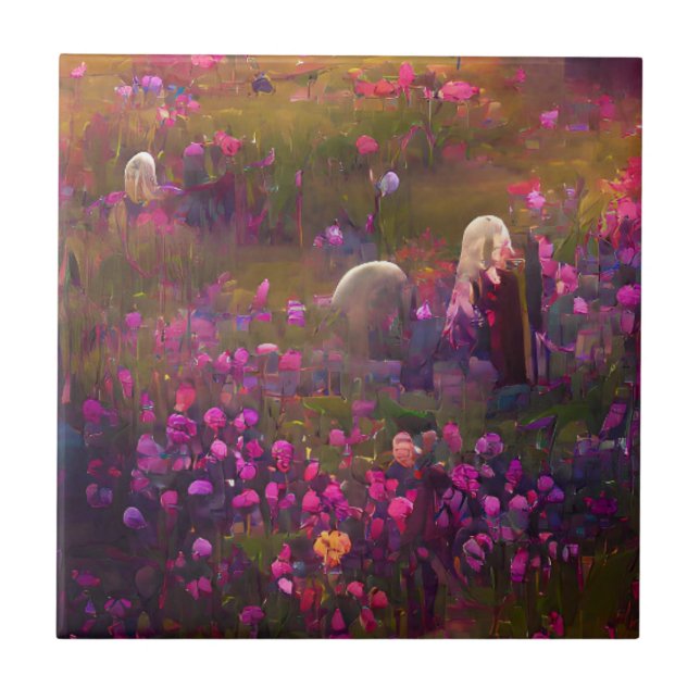 Blume rosa im Grünen der digitalen Kunst Fliese (Vorderseite)