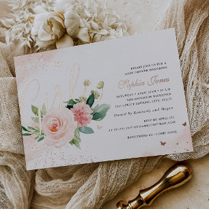 Blume Rosa Rosen Gold Mädchen Baby Shower  Folieneinladung