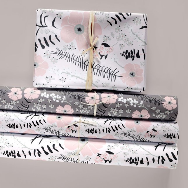 Blume Rosa Schwarzes Botanisches Dekoupage-Geschen Geschenkpapier Set (Sweet Pink Gray Whimsical Patterned Flowers Wrapping Paper Sheets from Studio Posies.)