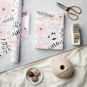 Blume Rosa Schwarzes Botanisches Muster Geschenkpapier