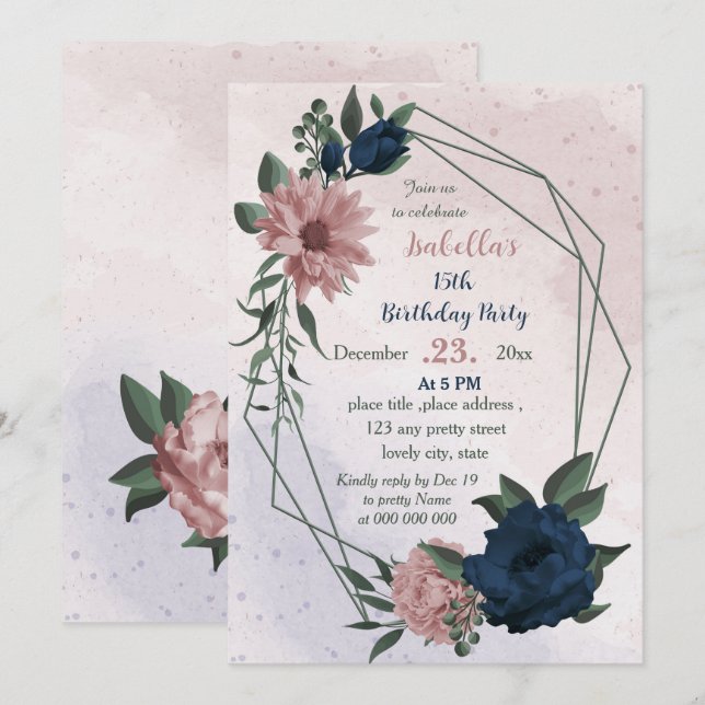Blume rosa und marinefarben geometrischer Geburtst Einladung (Vorne/Hinten)