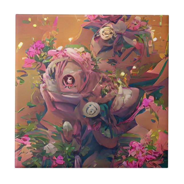 Blume Rose rosa orange grüne digitale Kunst Fliese (Vorderseite)