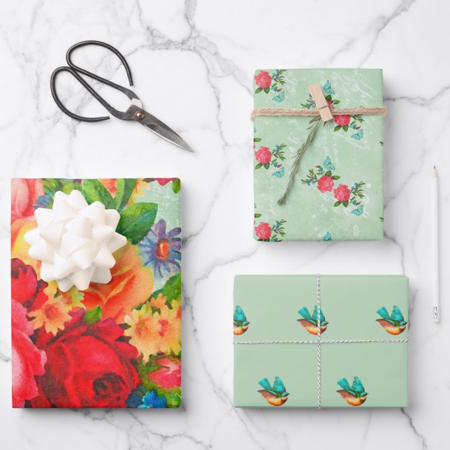 Blume, Rose und Bluebirts Geschenkpapier Set (Vorderseite)