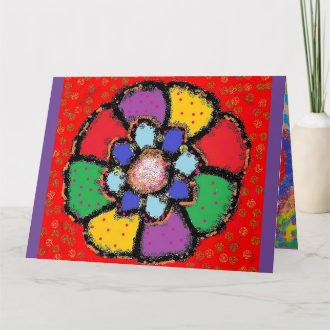 Blume Rot-Gelb-Design lila Karte (Vorderseite)