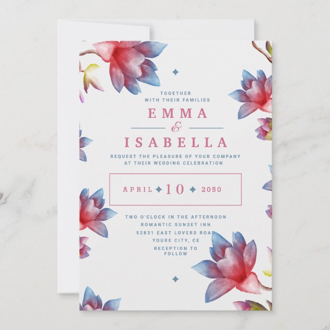 Blume Rot und Blau Einladung zur Hochzeit (Vorderseite)