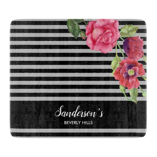 Blume Rot und Rosa, schwarze graue Streifen Schneidebrett (Vorderseite)