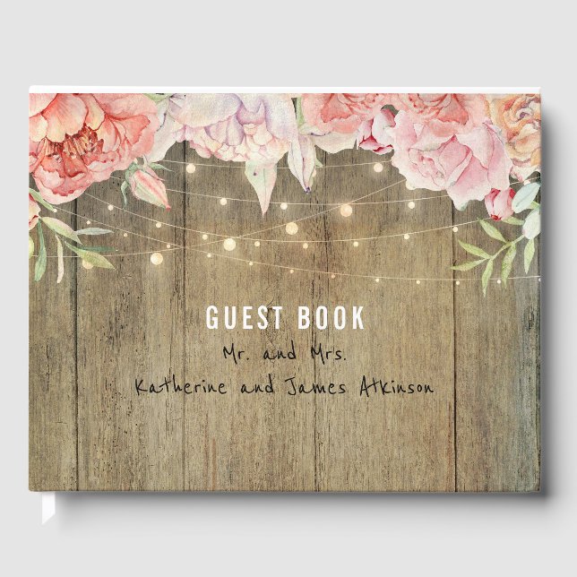 Blume rot und rot Rustikale Saitenleuchten Holz Gästebuch (Vorderseite)