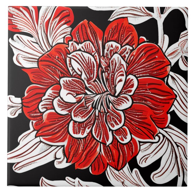 Blume Rot und Weiß im Jugendstil Fliese (Vorderseite)