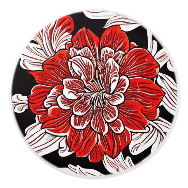 Blume Rot und Weiß im Jugendstil Keramikknauf (Vorderseite)