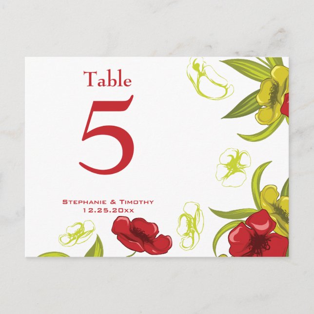 Blume Rot + Zitronenmohn Hochzeit Tischnummer (Vorderseite)