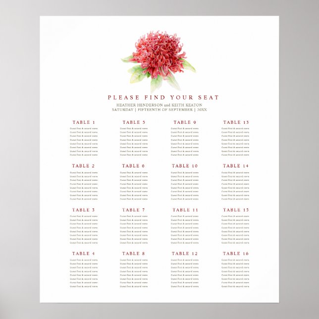 Blume Rote Waratah Fotos Hochzeit 16 Tische Poster (Vorne)