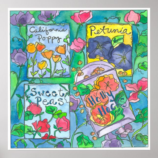 Blume-Saatpackungen für Wasserfarben Poster (Vorne)
