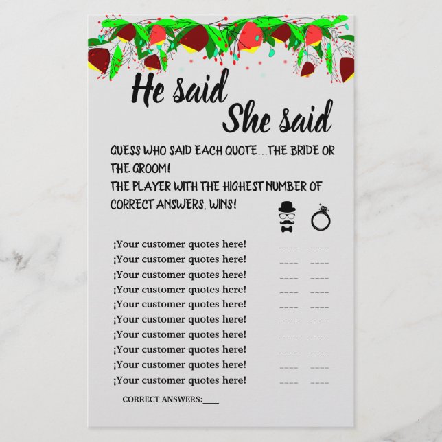 BLUME SAGTE ER, SIE SAGTE, DUSCHE GAME CARD FLYER (Vorne)