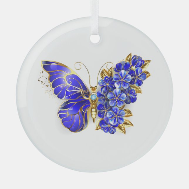 Blume Sapphire Butterfly Ornament Aus Glas (Vorderseite)