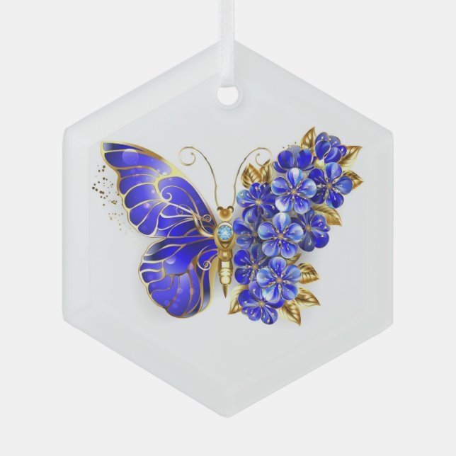 Blume Sapphire Butterfly Ornament Aus Glas (Vorderseite)