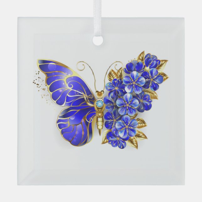 Blume Sapphire Butterfly Ornament Aus Glas (Vorderseite)
