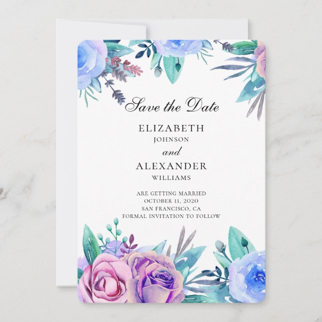 Blume Save the Date. Lila und blaue Hochzeit Einladung (Vorderseite)