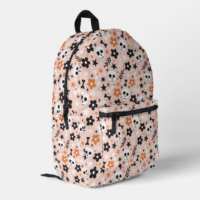 Blume Schädelmuster Bedruckter Rucksack (Rückseitige Ecke links)