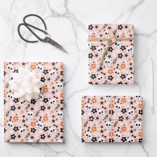 Blume Schädelmuster Geschenkpapier Set (Vorderseite)
