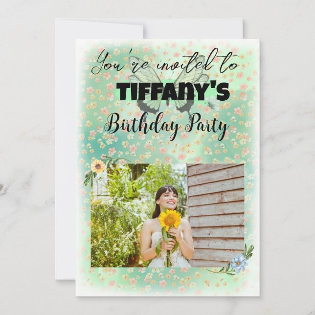 Blume & Schmetterling Einladung zum Geburtstag (Vorderseite)