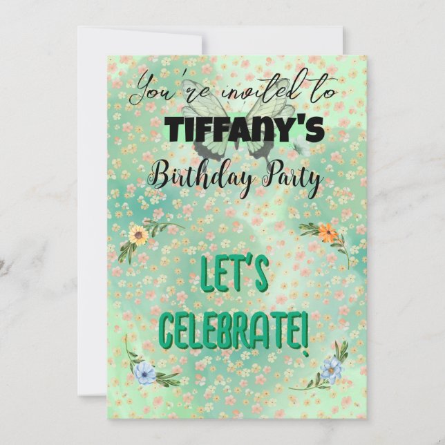 Blume & Schmetterling Einladung zum Geburtstag (Vorderseite)