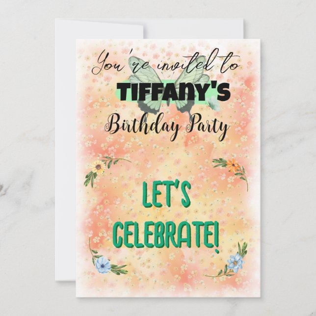 Blume & Schmetterling Einladung zum Geburtstag (Vorderseite)