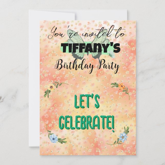 Blume & Schmetterling Einladung zum Geburtstag (Vorderseite)