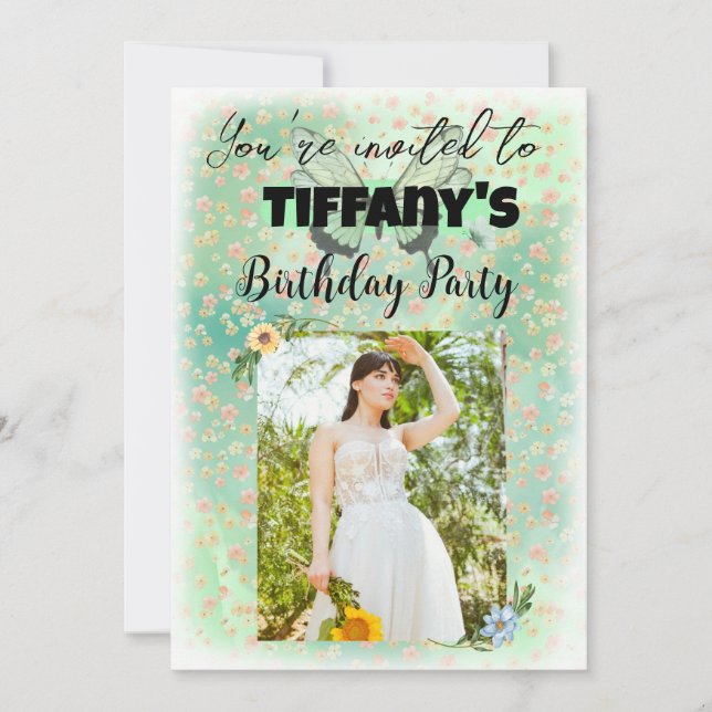 Blume & Schmetterling Einladung zum Geburtstag (Vorderseite)