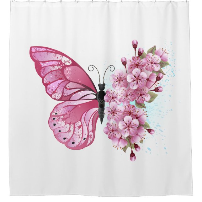 Blume Schmetterling mit rosa Sakura Duschvorhang (Vorderseite)