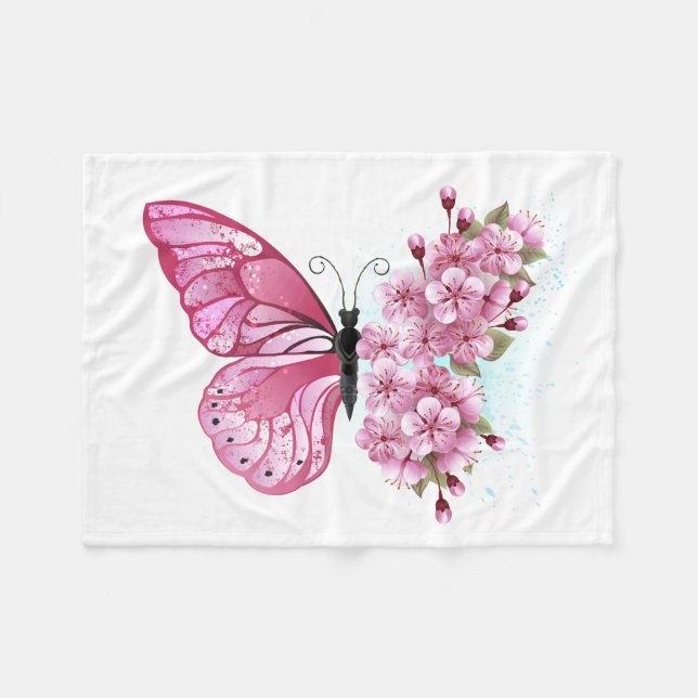 Blume Schmetterling mit rosa Sakura Fleecedecke (Vorderseite (Horizontal))