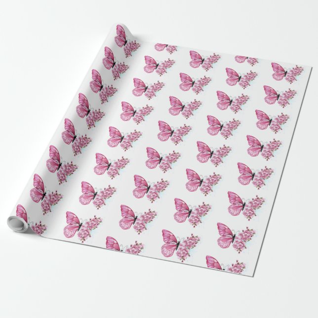 Blume Schmetterling mit rosa Sakura Geschenkpapier (Ungerollt)