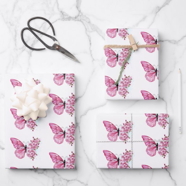 Blume Schmetterling mit rosa Sakura Geschenkpapier Set (Vorderseite)