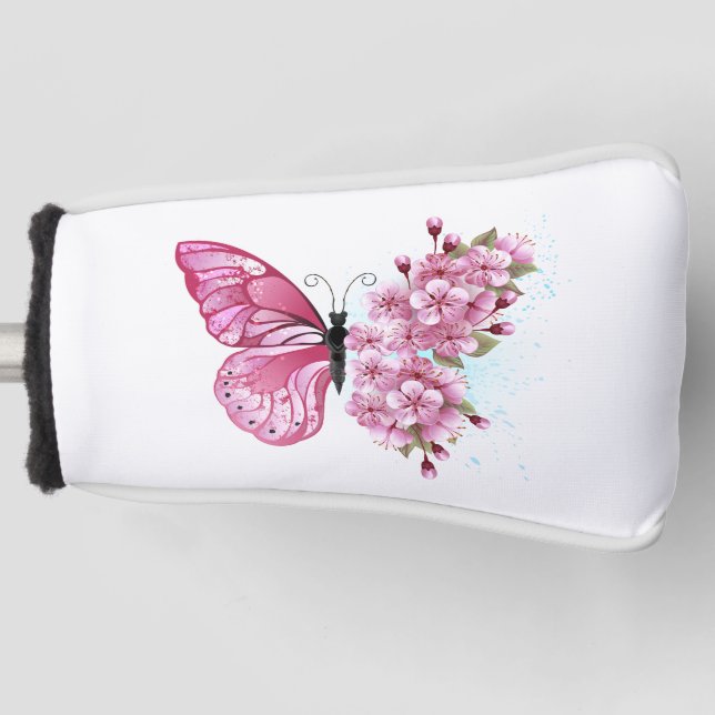 Blume Schmetterling mit rosa Sakura Golf Headcover (Vorderseite)