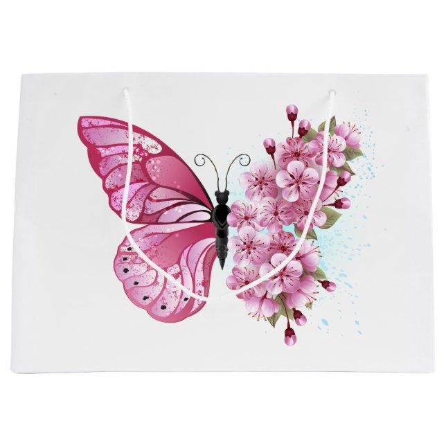 Blume Schmetterling mit rosa Sakura Große Geschenktüte (Vorderseite)