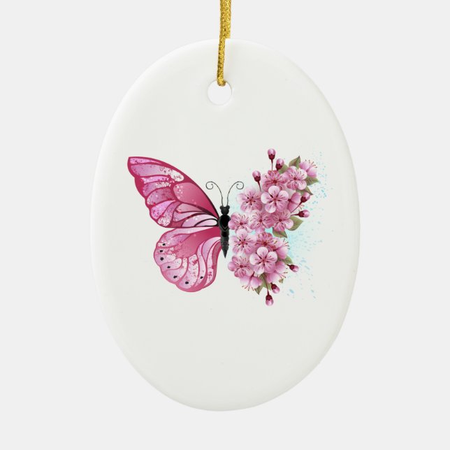 Blume Schmetterling mit rosa Sakura Keramik Ornament (Vorne)