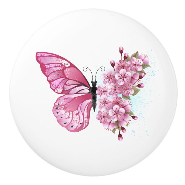 Blume Schmetterling mit rosa Sakura Keramikknauf (Vorderseite)