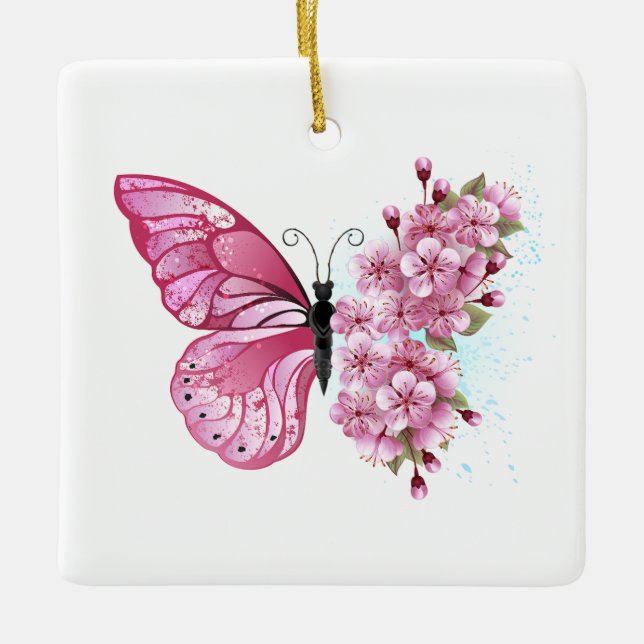 Blume Schmetterling mit rosa Sakura Keramikornament (Vorderseite)