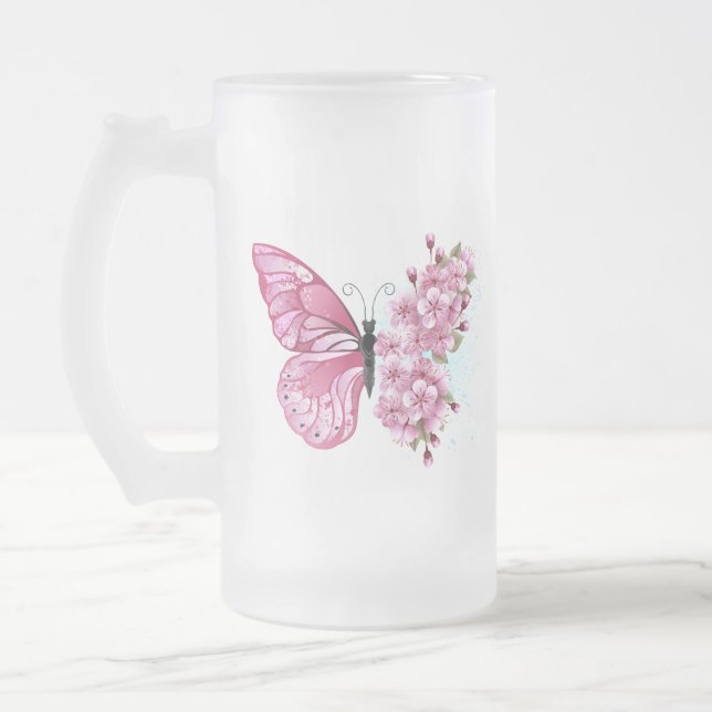 Blume Schmetterling mit rosa Sakura Mattglas Bierglas (Links)