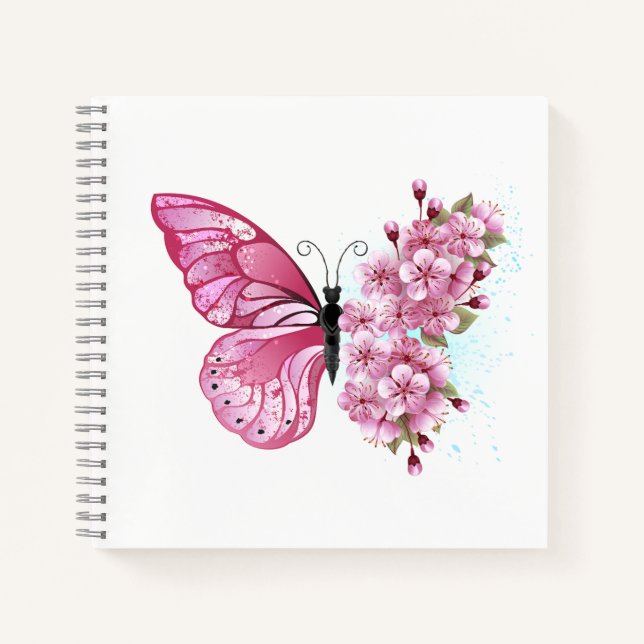 Blume Schmetterling mit rosa Sakura Notizbuch (Vorderseite)