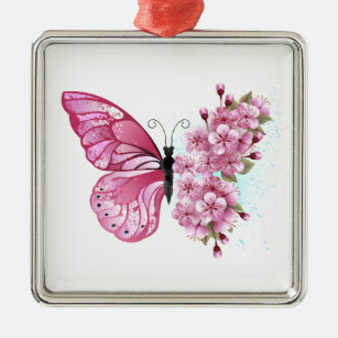 Blume Schmetterling mit rosa Sakura Ornament Aus Metall