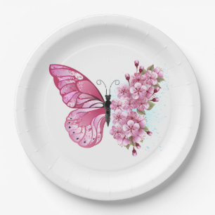 Blume Schmetterling mit rosa Sakura Pappteller