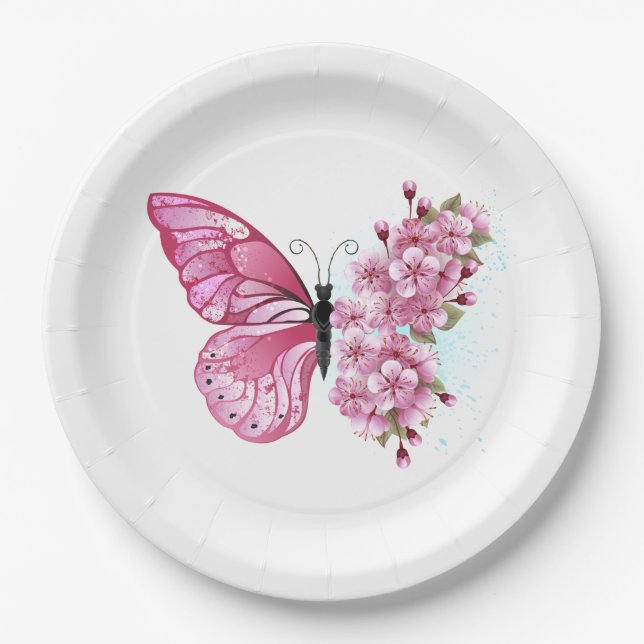 Blume Schmetterling mit rosa Sakura Pappteller (Vorderseite)