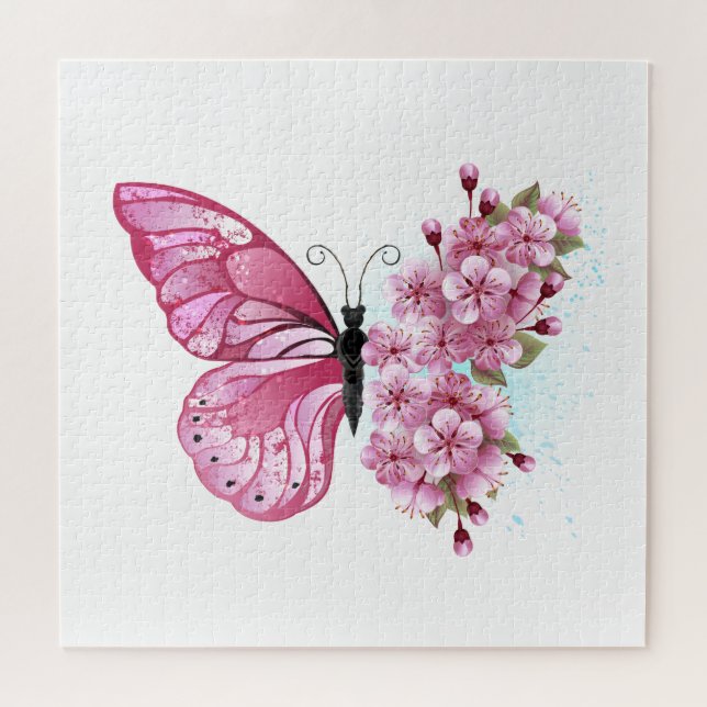 Blume Schmetterling mit rosa Sakura Puzzle (Horizontal)