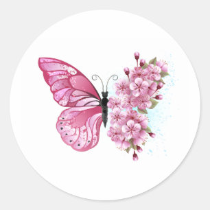 Blume Schmetterling mit rosa Sakura Runder Aufkleber