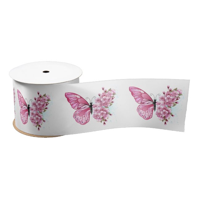 Blume Schmetterling mit rosa Sakura Satinband (Spule)