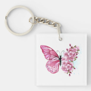 Blume Schmetterling mit rosa Sakura Schlüsselanhänger