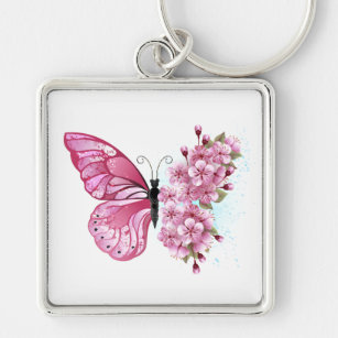 Blume Schmetterling mit rosa Sakura Schlüsselanhänger