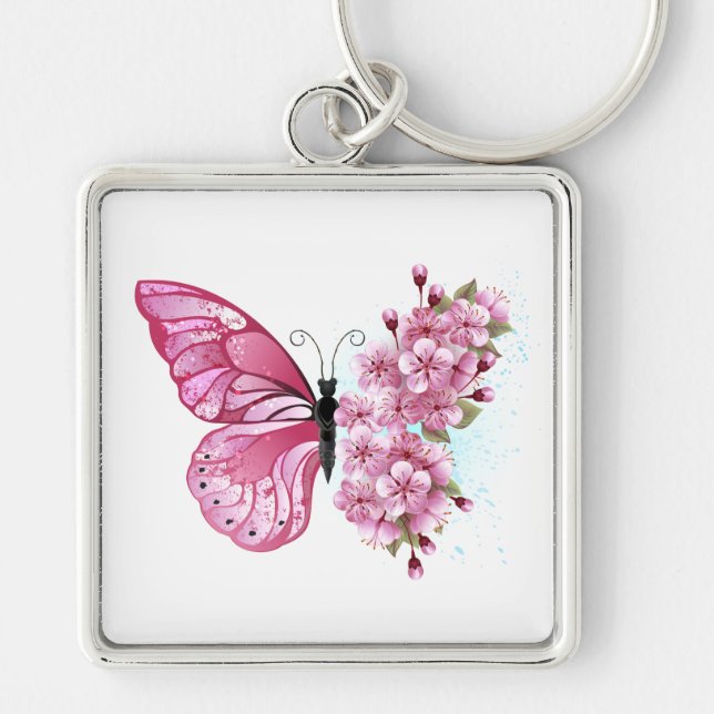 Blume Schmetterling mit rosa Sakura Schlüsselanhänger (Vorne)
